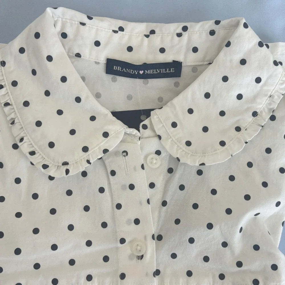 Brandy Melville Button Up Shirt Womens One Size White Polka Dot Peter Pan Collar - Picture 8 of 8